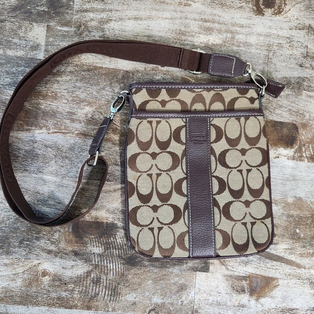 Coach Signature C Jacquard Crossbody Bag Brown Tan Swingpack Messenger Purse Y2K